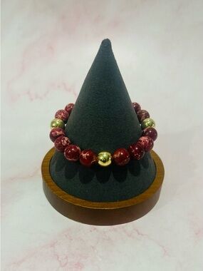 Red Sea Jasper Sediment Beaded Stretch Bracelet with 14k Gold filled Accents